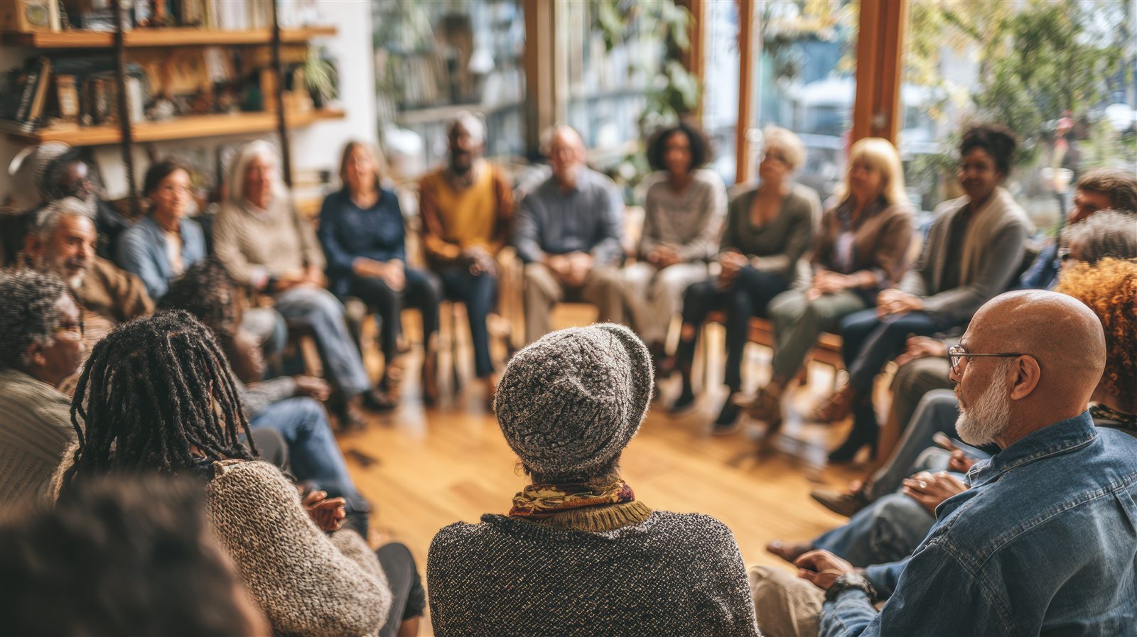 Des citoyens de tous âges assis en cercle, en pleine discussion