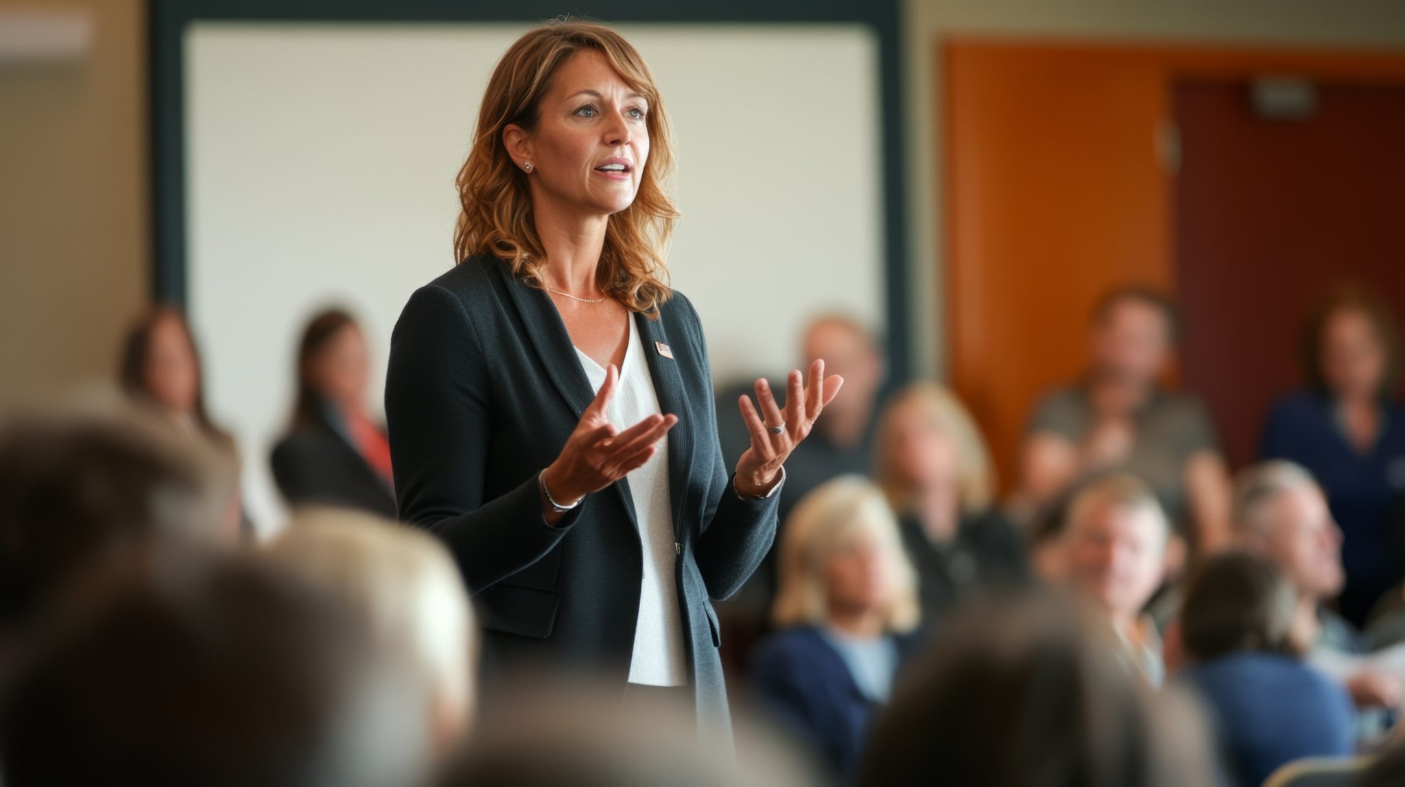 Une citoyenne prend la parole devant une assemblée